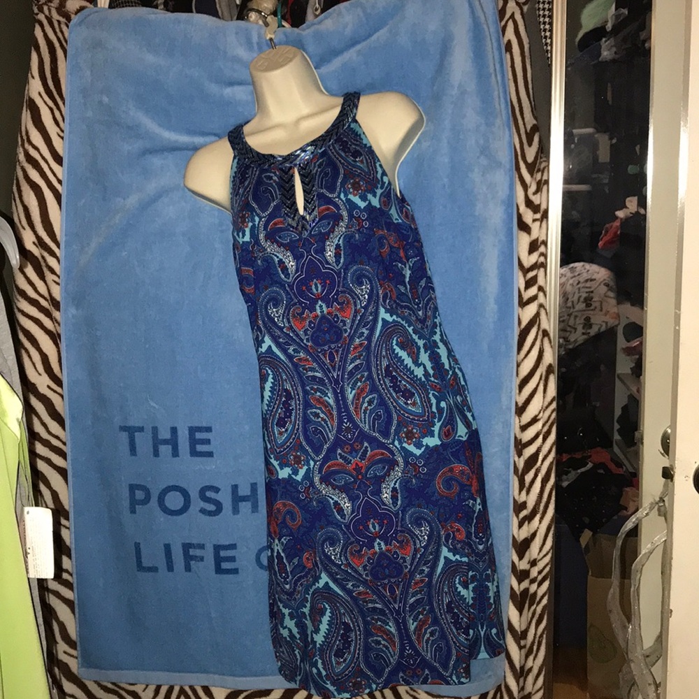 INC medium blue red and white beaded halter dress